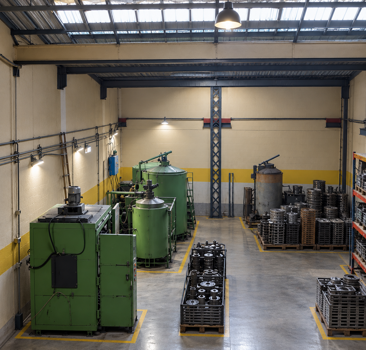 Área de tratamento térmico da Solutrater com fornos e peças em processamento