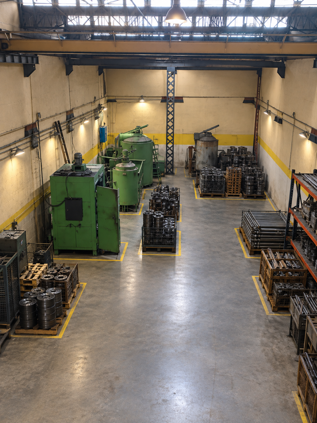 Vista geral da planta industrial da Solutrater com equipamentos e peças tratadas